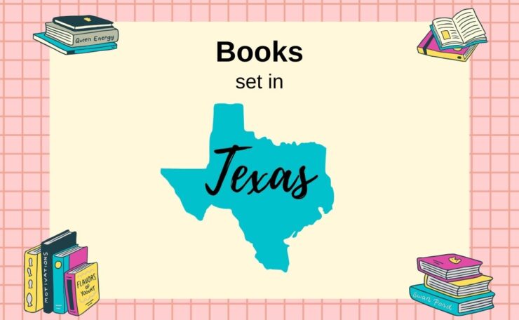 Books Set In Texas with map outline of Texas and stacks of books